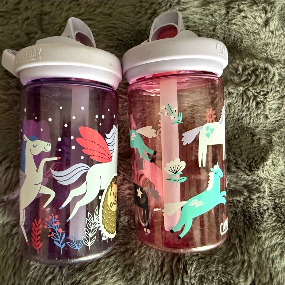 Bundle of two camelbak little girls water bottle unicorn and pegasus purple pink